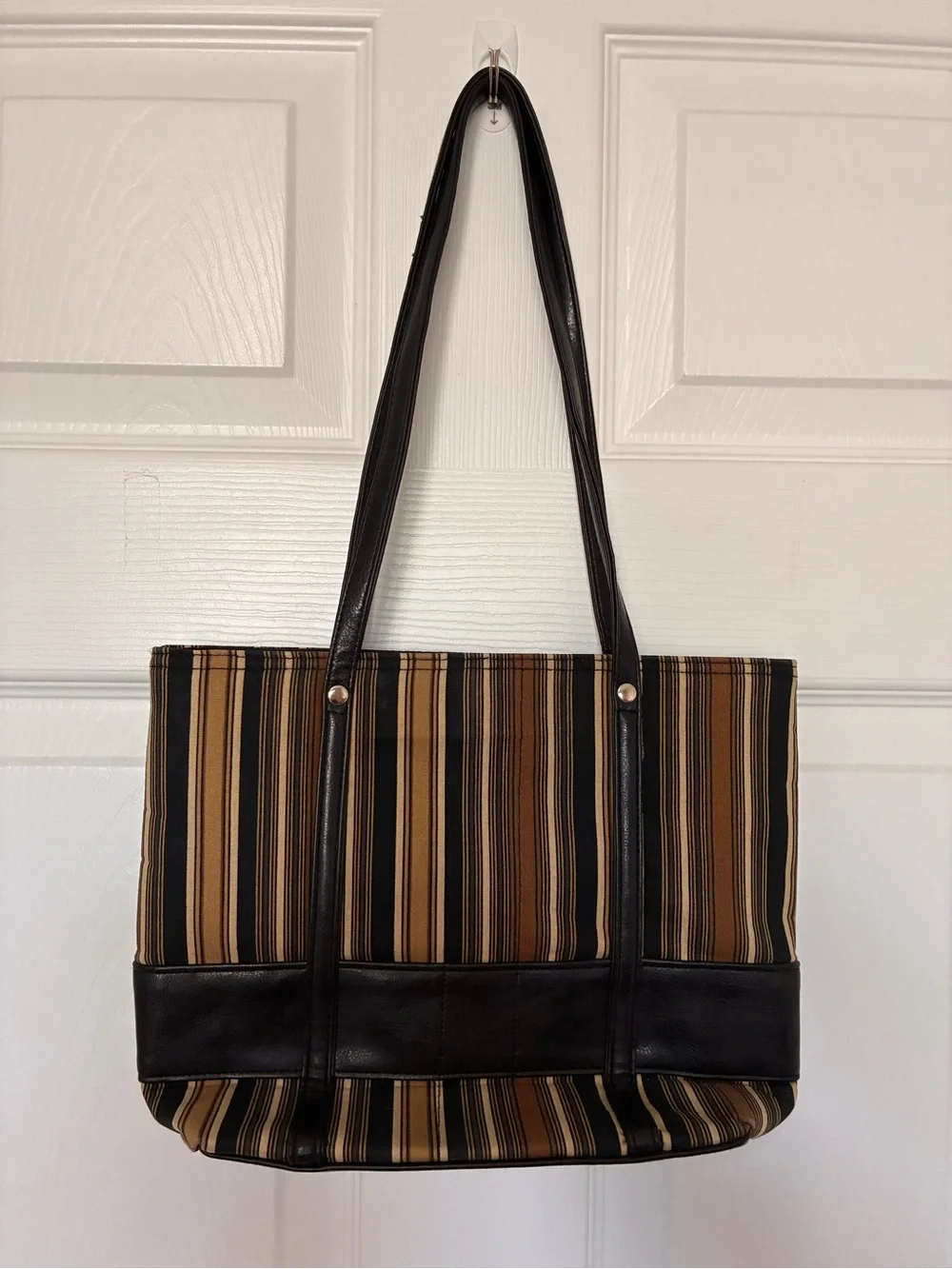 Longaberger Homestead Tote Bag Handbag Purse Black, Brown, Tan Stripe